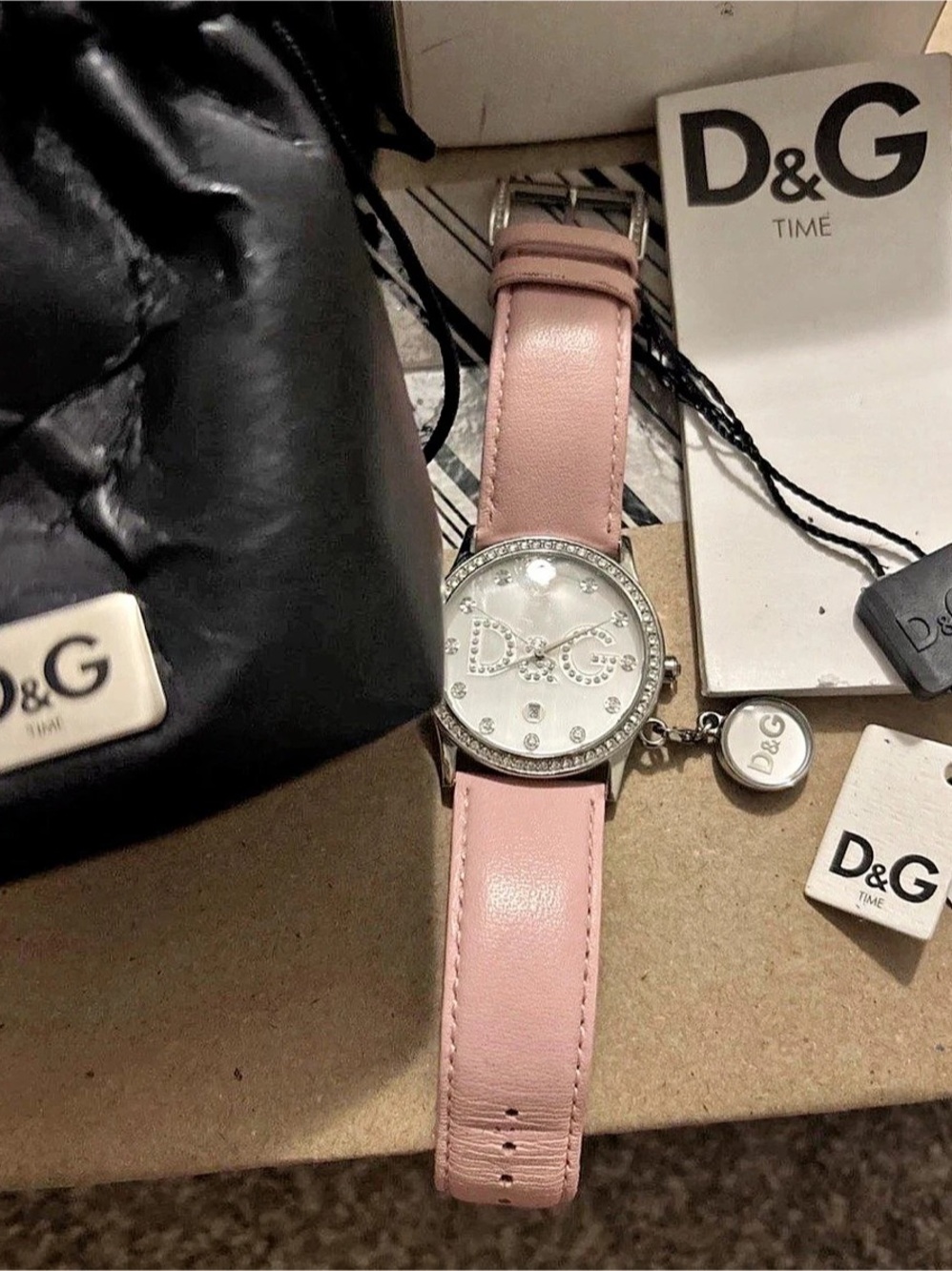 D&G Time Pink Crystal Logo Leather Watch